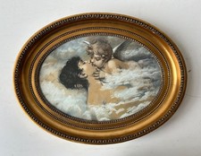 Aquarell 1893 Küssende Frau und Engel im ovalen Bilderrahmen Antik Vintage