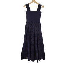 Quince Women 100% Organic Cotton Eyelet Smocked Midi Dress Navy Basic Sleeved S