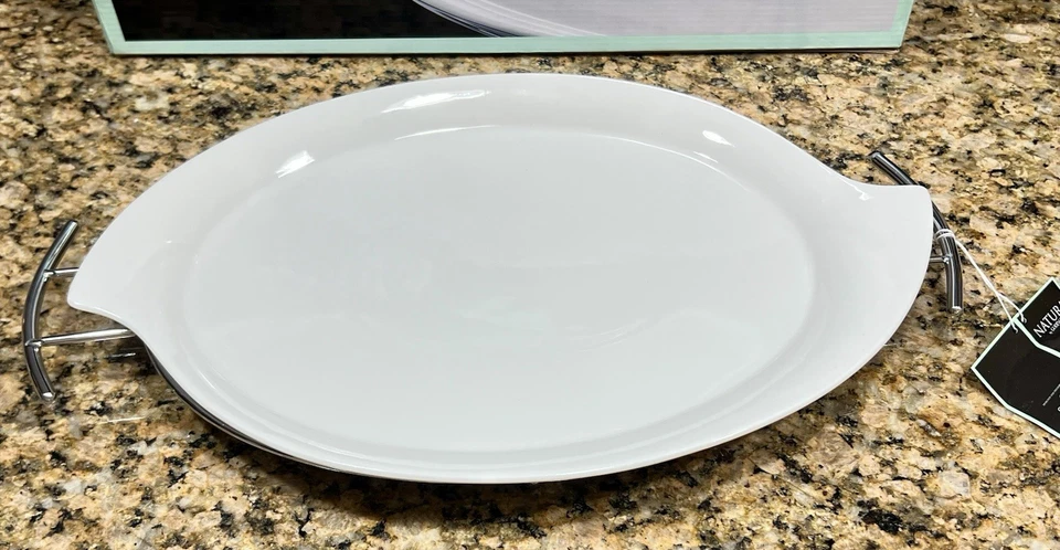 NIB Natura by Godinger Porcelain Serving Platter with Chrome Rack 11”x16” White - Image 4 of 4
