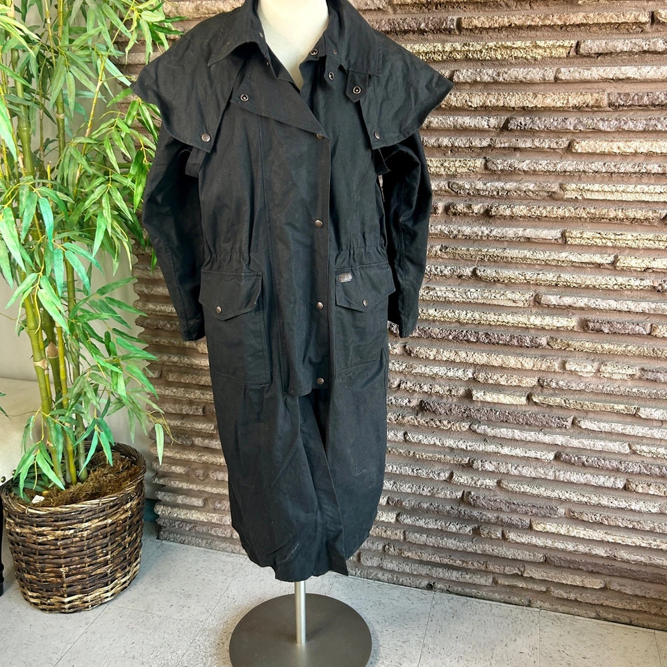 Australian Outback Black Oilskin Waxed Cotton Duster Riding Coat Size Medium - Image 2 of 4