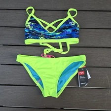 TYR Womens Neon/blue Aztec Tieback Workout Bikini Sz S NEW No Tags