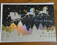 Papyrus Christmas Card | Don't Stop Believing Unicorns Glitter Santa Sparkle