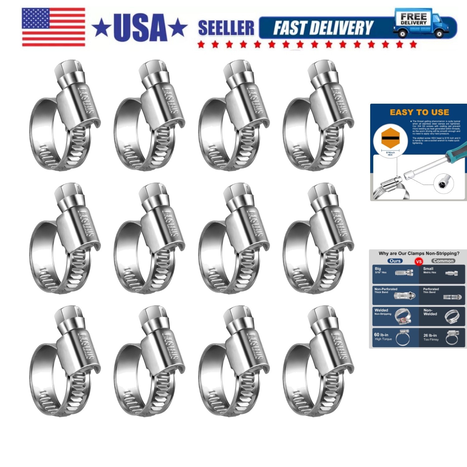 Heavy Duty Hose Clamp 1/2 to 3/4 inch Adjustable Worm Gear D
