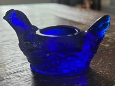 Cute Vintage Cobalt Blue Chicken on Nest/Basket Open Top Salt Cellar by Mosser