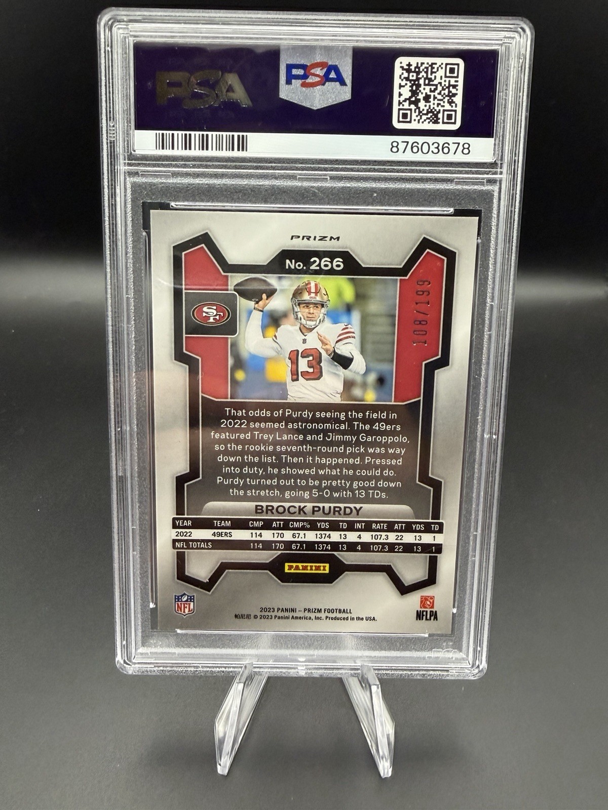 2023 Brock Purdy PSA 9 Blue Wave Prizm /199 San Francisco 49ERS Panini #266 view 2