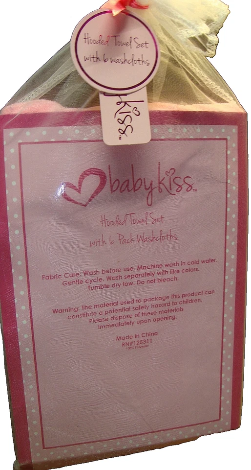 Baby Kiss Hooded Towel & 6 Washcloths Gift Set Pink Monkey for Baby Girl     847 - Image 2 of 3