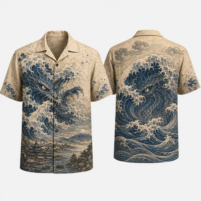 Japanese Ukiyo-e Sea Dragon Monster Hawaiian Shirt Men Casual Short Sleeve Up