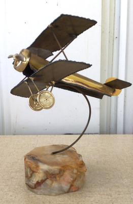 Vintage Metal Art Sculpture Bi-Plane Airplane marble base, signed Don J Demott