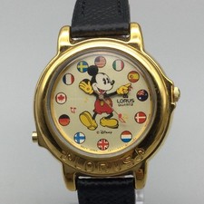 Vintage Lorus Mens Watch 34mm Mickey Mouse Musical Gold Tone Leather New Battery