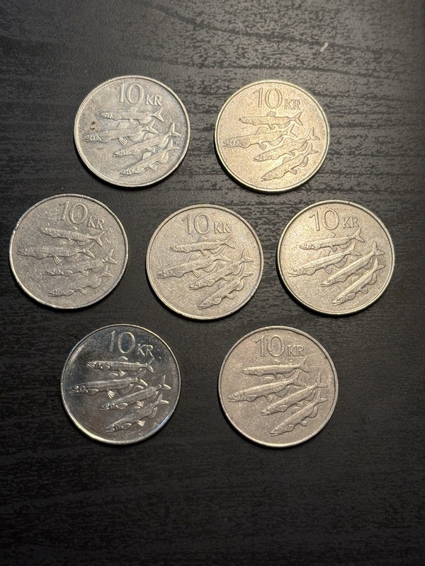 Iceland 10 Krónur Coin Lot 7 Mixed Years 1981-2006 Aluminum-Bronze, Cu-Ni