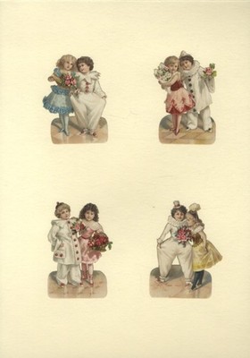 4 Oblaten, Mädchen und Pierrots, Größe je ca. 8 x 5,5 cm - 14370