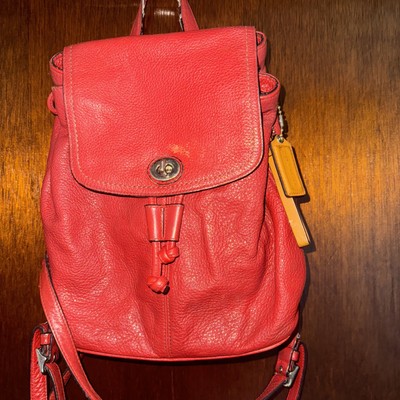 Coach Red Park Leather Backpack w/Drawstring and Turnlock Closure