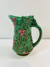 Vintage Norleans 8" Pitcher Vase Ceramic Green Pink Floral Japan MCM