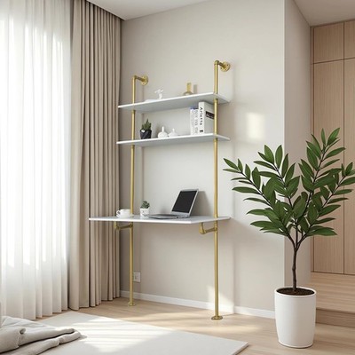 White and Gold Desk, 36'' Ladder Desk, Wall Mount Computer Writing Table Pipe ...