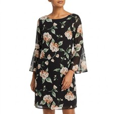 Eliza J Black A-Line Knee Length Dress 3/4 Sleeve Floral,Polka Dot Size 12