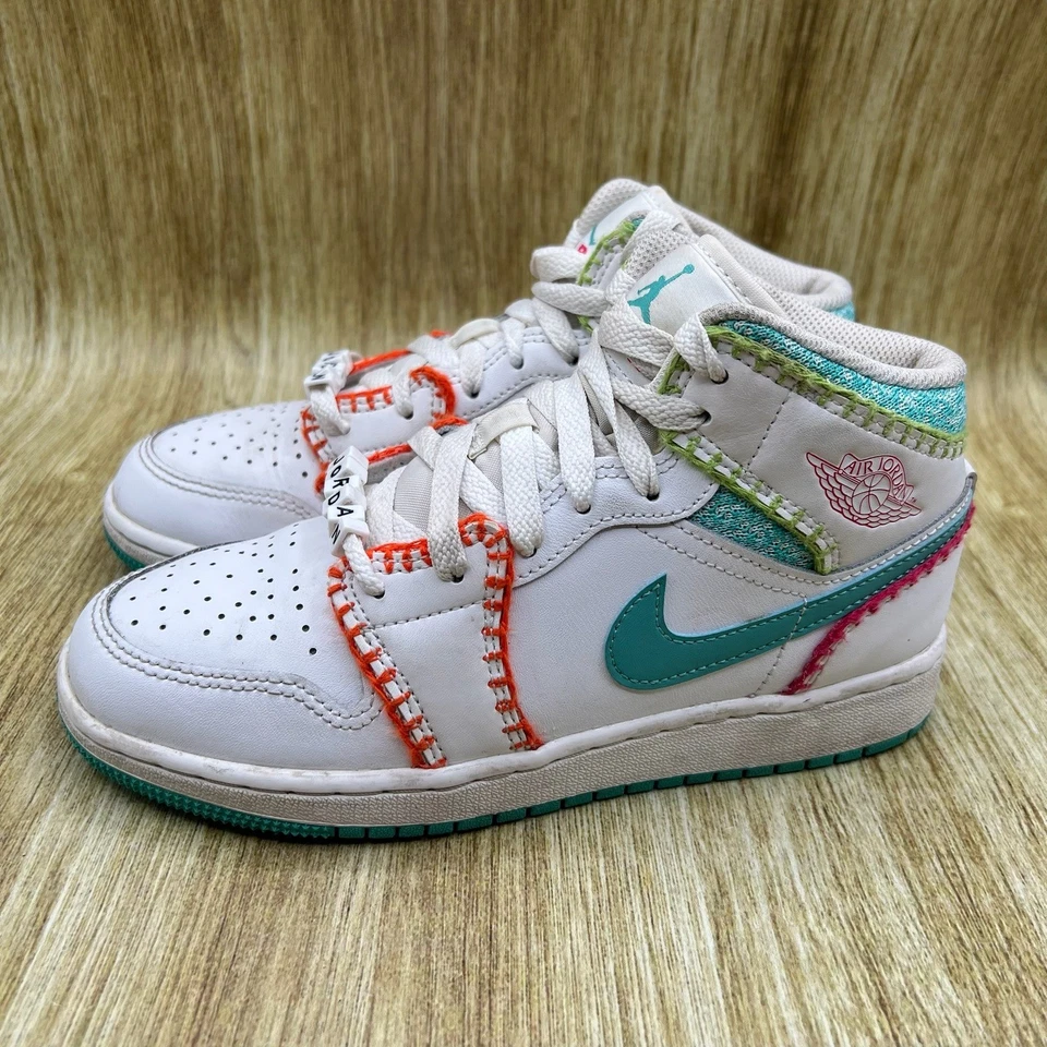 Youth Size 4Y - Nike Air Jordan 1 Mid SE Multi Knit White Teal Orange Sneakers - Image 3 of 4