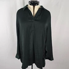DR2 Blouse Women's XL Dark Green Long Sleeve Side Slit High Low Hem V-Neck