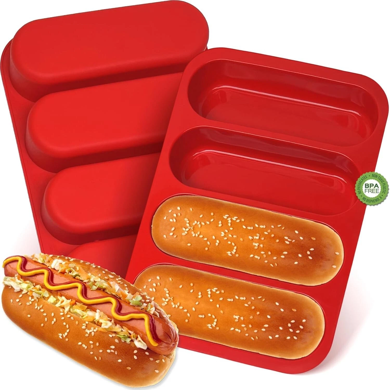 Silicone Hotdog Bun Pan 4 Cup Nonstick Mold 2 Pack 6 Inch Red Baking Pans