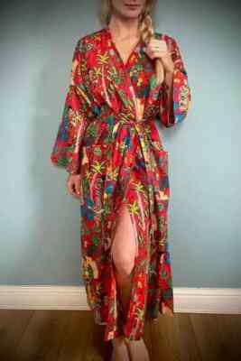 Indian Cotton Robe Long Kimono Sleepwear Red Frida Kahlo Print Night Kimono Robe
