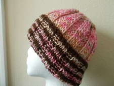 Hand knitted warm 100 wool beanie/hat, pink/beige shades brown