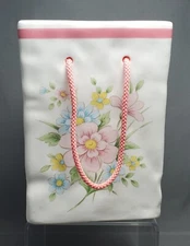 Vintage FTD 1986 Floral Ceramic Gift Bag Vase with Pink Strings or Planter 