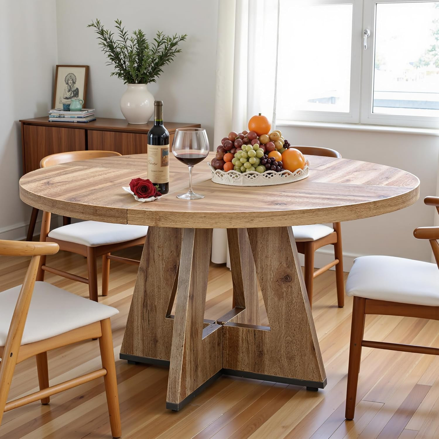 47 Inch round Dining Table, Wooden Dinner Table for 4, Small Farmhouse Kitchen T