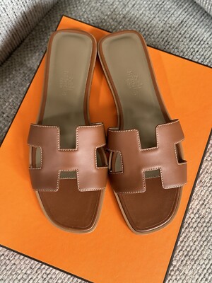 Size 37EU Brand New Hermes Brown Gold Calfskin Oran Sandals | eBay