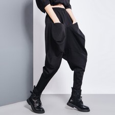 Women Elastic Waist Drop Crotch Pants Hip Hop Baggy Long Trousers Pocket Tapered