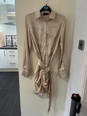 PRETTYLITTLETHING Beige Champagne Satin Long Sleeve Shirt Ruched Tie Waist  Dress | eBay UK