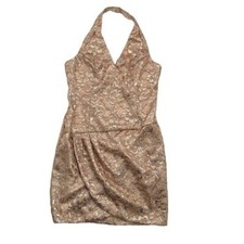 Kameez Womens Mini Halter Dress Gold Glitter Lace Faux Wrap Skirt Lined Zip Back