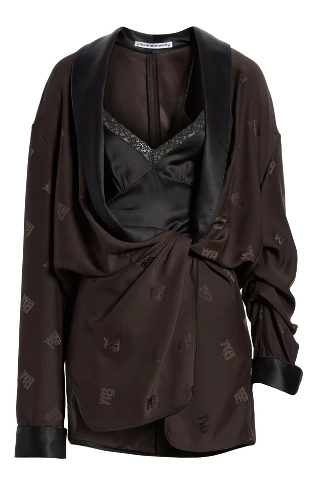 ALEXANDER WANG 黑色标志提花丝绸迷人扭结长袍睡衣连身裤 8 = M — 第 2/4 张图片