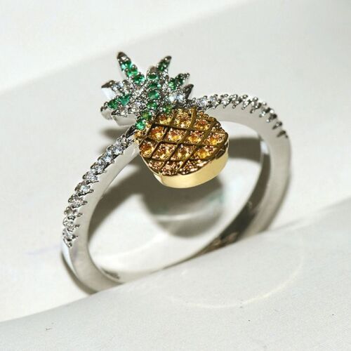 Pineapple Cubic Zirconia Rings - Yellow Gold Plant Pattern Fashion Jewelry Ring - Picture 1 of 14