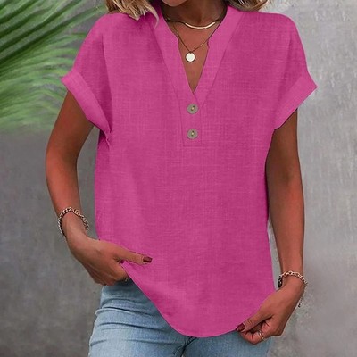 Women Cotton Linen Blouse V Neck Short Sleeve Loose Fit Casual Summer Top