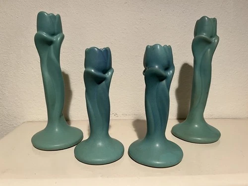 Set of 4 Van Briggle Pottery Turquoise Blue Tulip Candlesticks Bud Vases Signed