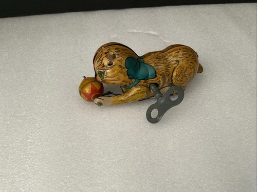 Vintage 1950s Marx Tin Litho Wind-Up Cat Chasing Ball Toy - Missing Ears, Works