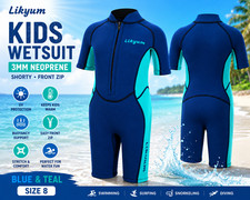 Kids 3mm Neoprene Wetsuit Size 8 Blue Teal Front Zip UV Swim Surf Dive NEW