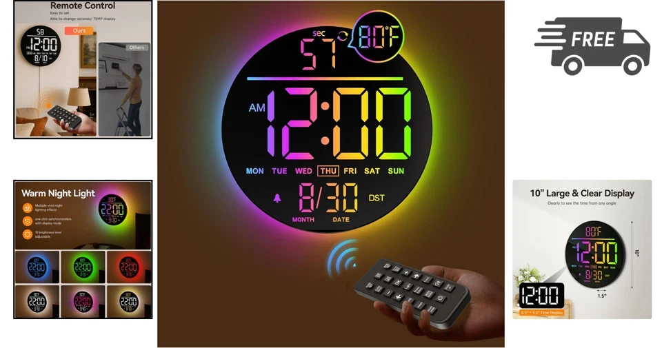Digital Wall Clock 10 Inch RGB LED Display with Alarm and Timer for Bedroom - Image 2 of 4