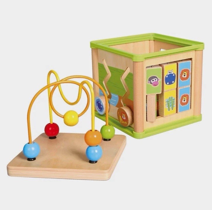 Bino Motorikwürfel 5in1 aus Holz mit Motorikschleife "5in1" , Neu