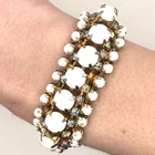Vintage Milk Glass Rhinestone Bracelet White Cabochon Statement Wide Link