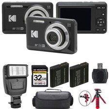 Kodak PIXPRO FZ55 Digital Camera Black  Extra Battery  Flash - 32GB Kit