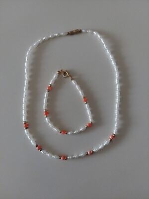 NECKLACE AND BRACLET FAUX SEA PEARLS WITH PEACH AND GOLDTONE BEADS 