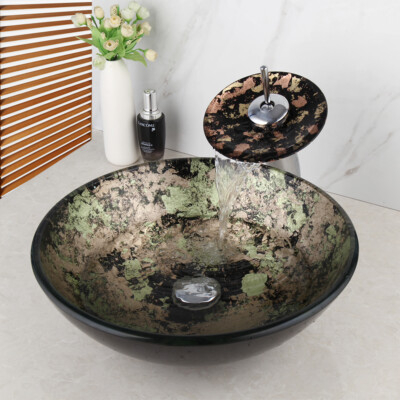 Multi-color Bathroom Round Glass Vessel Sink Wash Basin Bowl Mixer Faucet Drain