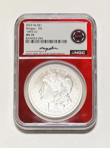 2023 Fiji "1893-CC" Morgan Silver Dollar NGC MS70 - David Ryder Signed Label