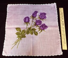 Hanky Handkerchiefs Colette Pink w/ Violet Purple Roses Long Stem Flower Vintage
