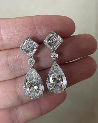 Pear Cut Lab Grown Diamond Drop Earrings Classic Three Stone Diamond Earring Her - Picture 4 of 6