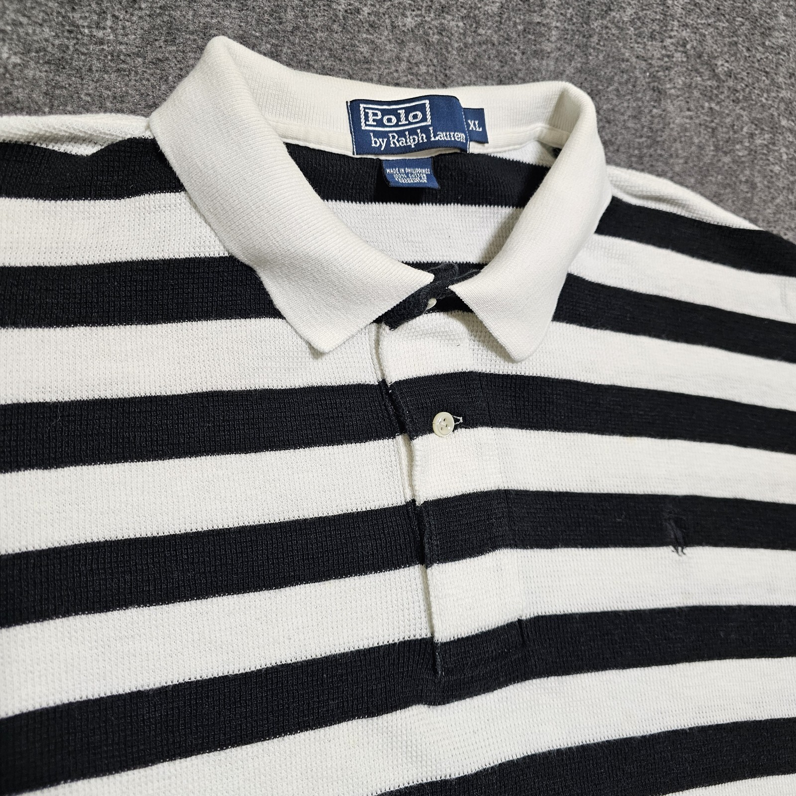 Vtg Polo Ralph Lauren Shirt Mens XL Striped Waffle Knit Stretch Black White Pony