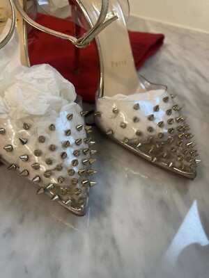 Christian Louboutin Spikoo PVC Spike Studded Gold Sling Heels