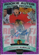 2019-20 OPC Platinum Rookie Autographs Violet Pixels #RDK Dominik Kubalik B Hawk