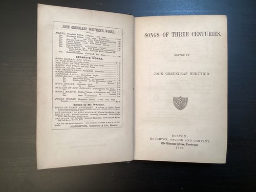 1881 Whittier's Songs of Three Centuries Houghton Mifflin Riverside Press - Picture 9 of 24