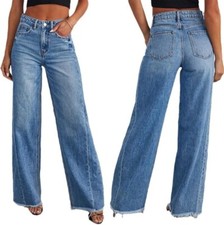Women's Wide Leg Jeans High Waisted Strechy Raw Hem Denim